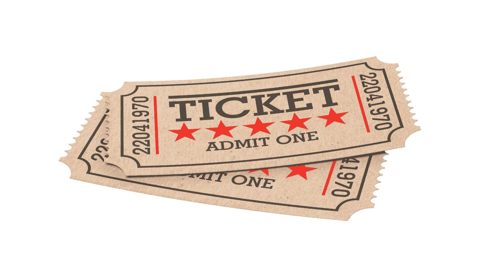 Two vintage-style movie tickets, beige with black and red details, overlapping on a black background.