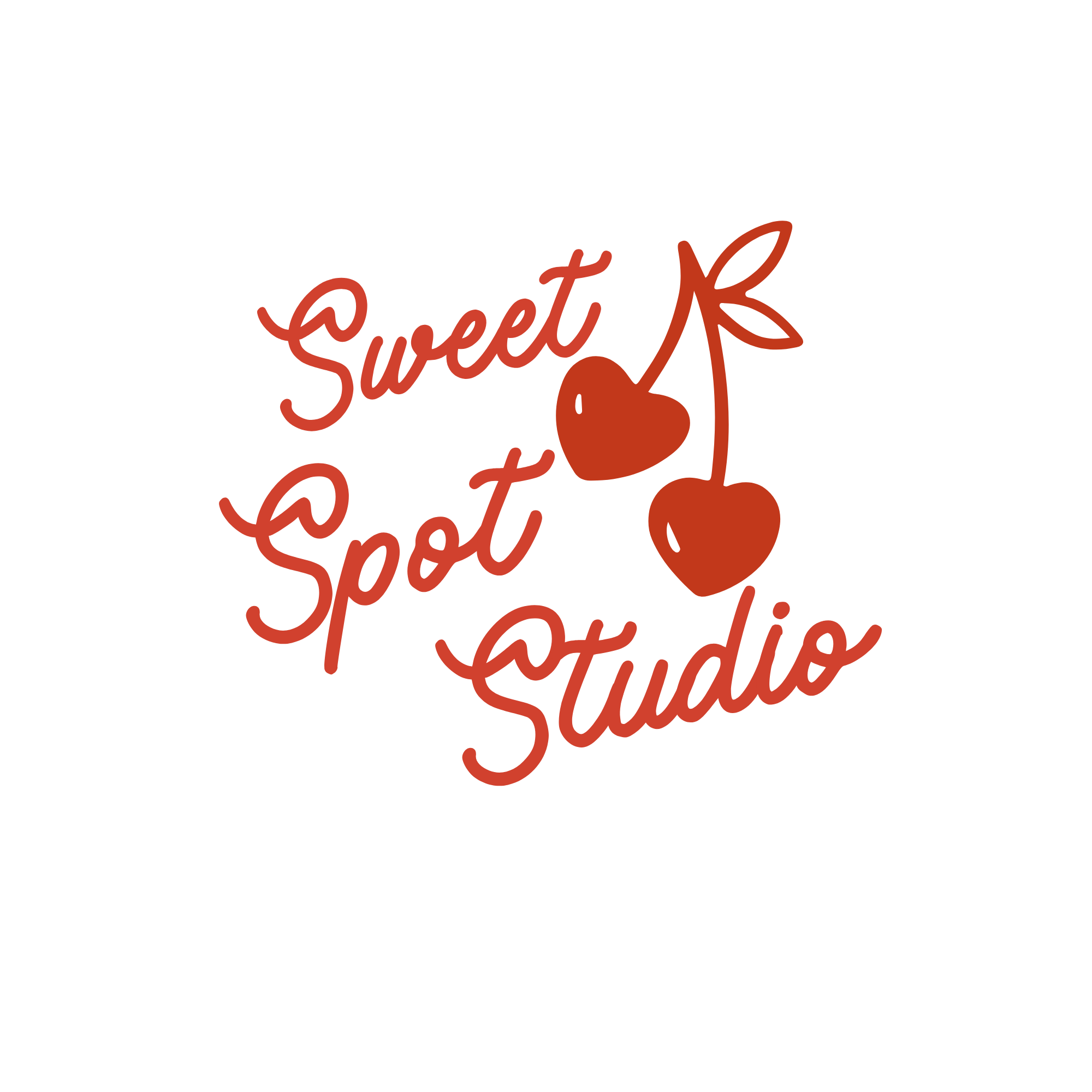 Logo for Sweet Spot Studio featuring two cherries with hearts as the fruit, and the business name written in a cursive style.