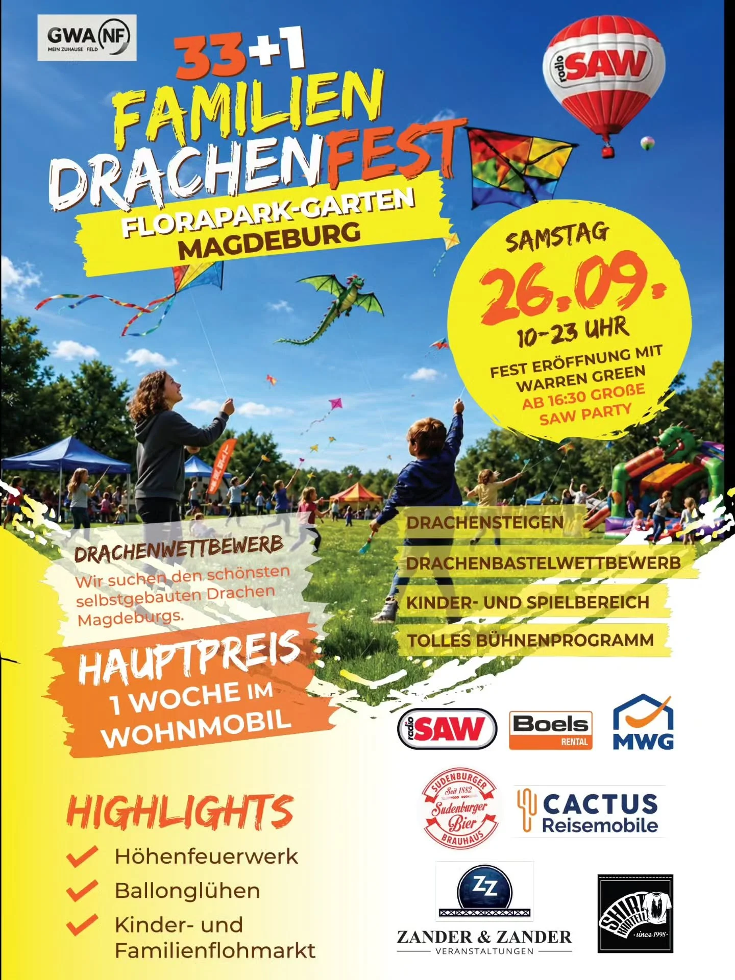 Am 26.09.2026 findest das 33+1te Drachenfest in #magdeburg  statt. Kommt vorbei und f&uuml;hlt euch zwischen selbstgebastelten Drachen,  H&uuml;pfburgen &amp; einem Flohmarkt wie Zuhause 🏠

🪁🪁🪁

Von 10⁰⁰-16&sup3;⁰ Uhr erwarten euch Abwechslung au