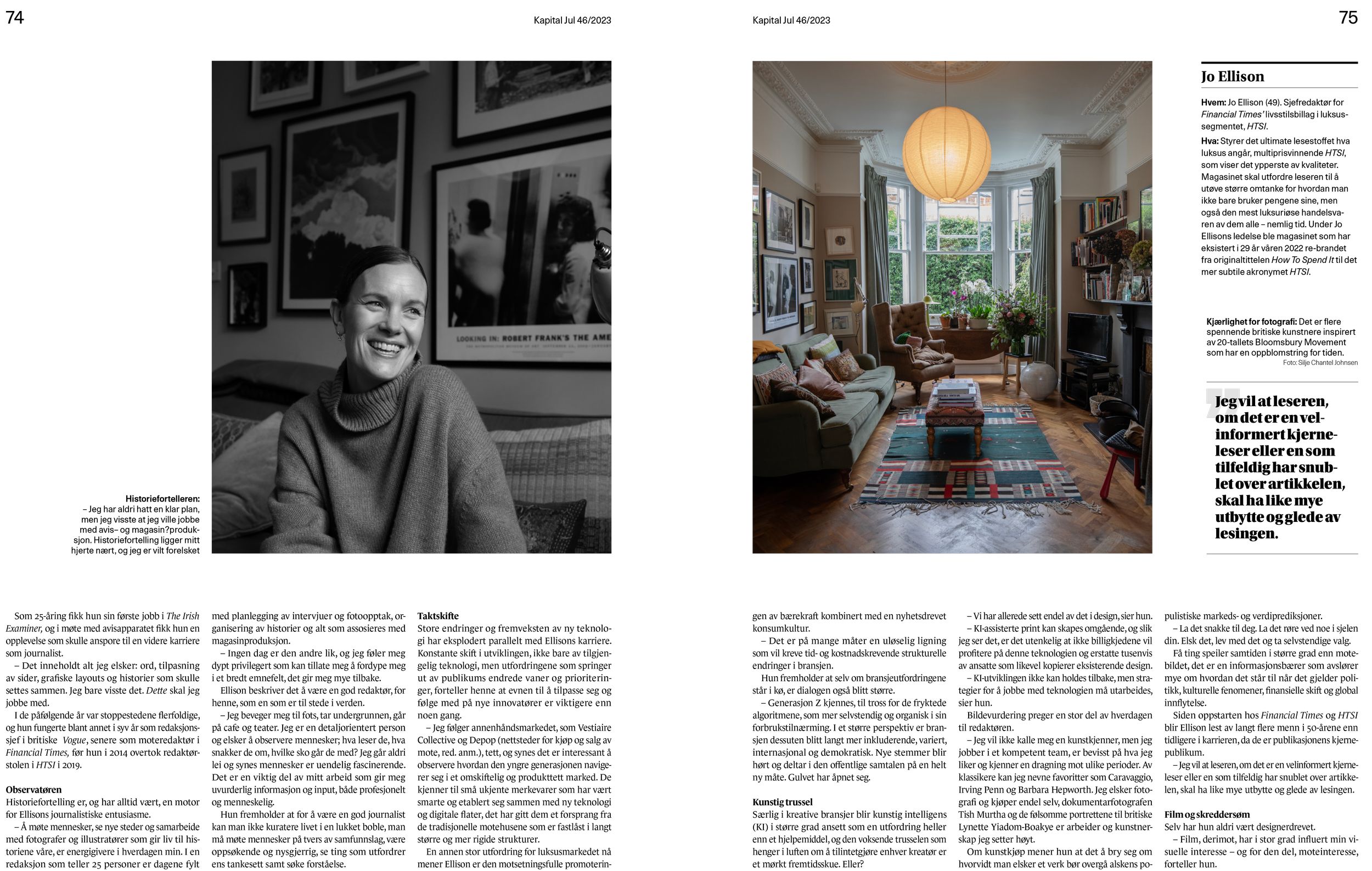 To bilder side om side, venstre viser et svart-hvitt bilde av en smilende kvinne foran en vegg med bilder. Høyre viser et fargerikt bilde av en stue med store vinduer, sofa, stol, tepper, bøker og planter. Silje Chantel