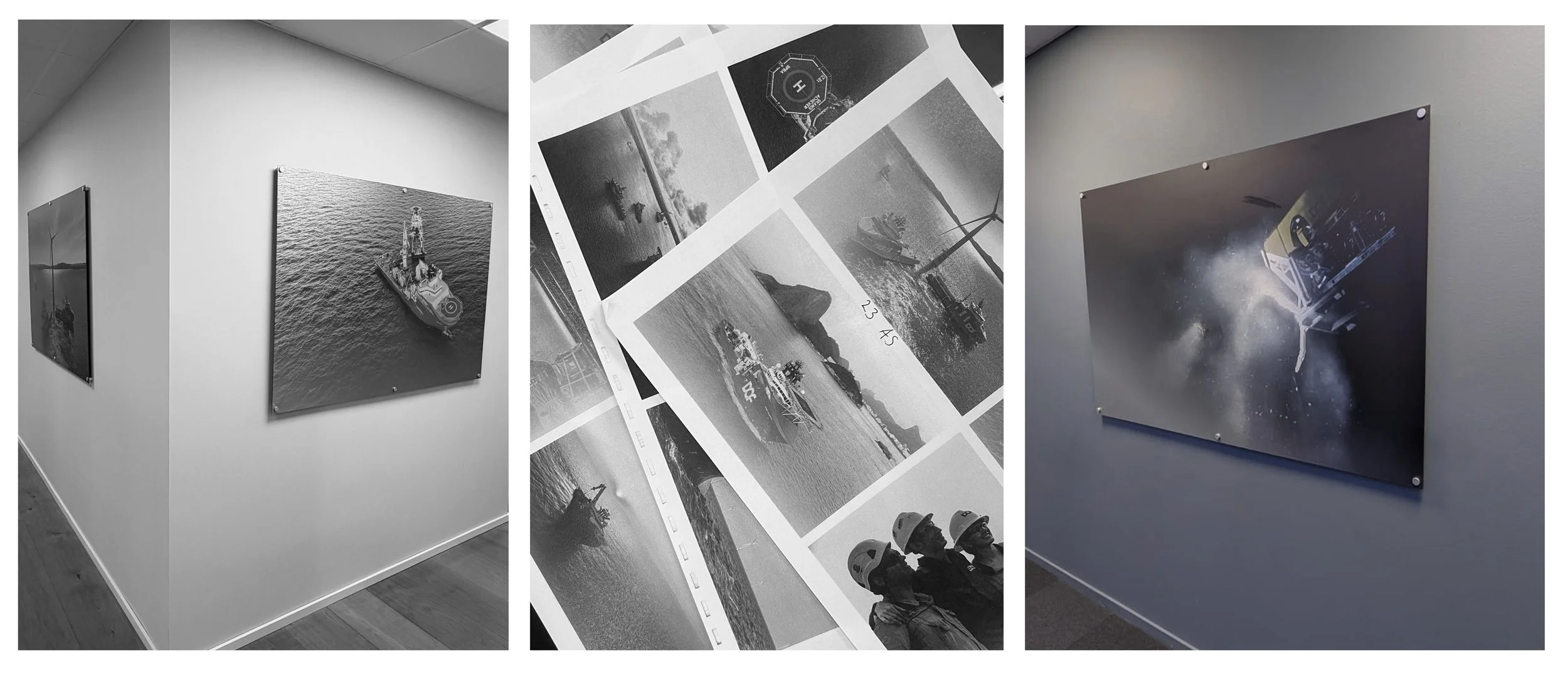 Photographs on 3 mm brushed aluminium plates. 
Client: DOF Subsea Norway