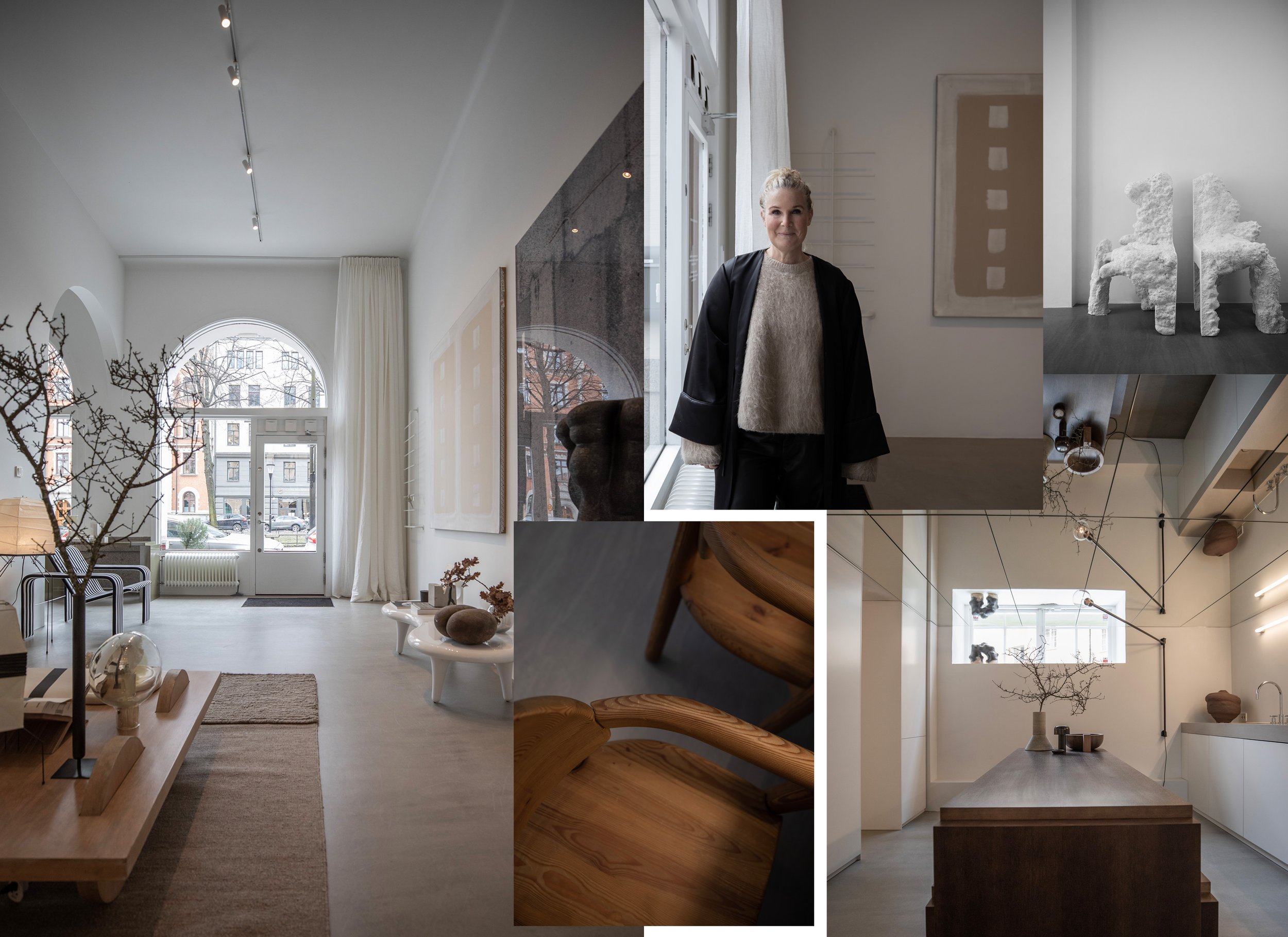 Et moderne og minimalistisk interiør med store vinduer, integrert belysning, kunstverk på veggen, og naturlige materialer som tre og stein. Et blikk inn i et lyst rom med kunst og dekorasjoner. Silje Chantel