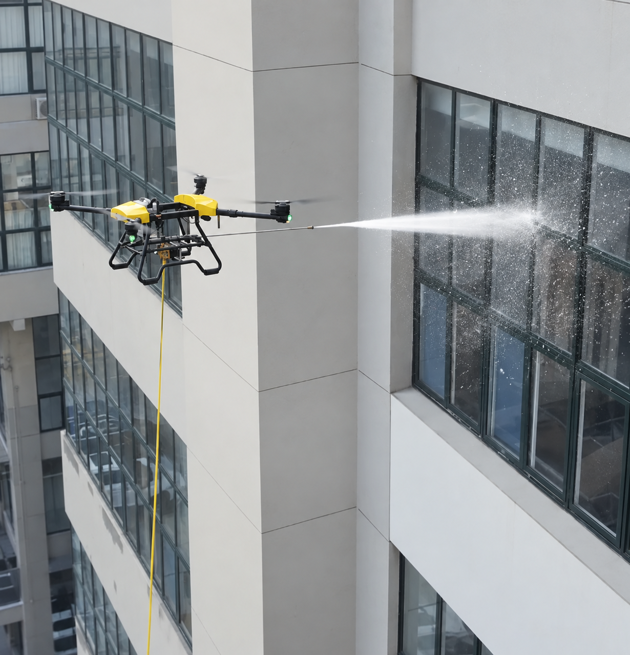 Drone building cleaning by Drone Jet Services on a high-rise exterior facade using professional drone cleaning technology.