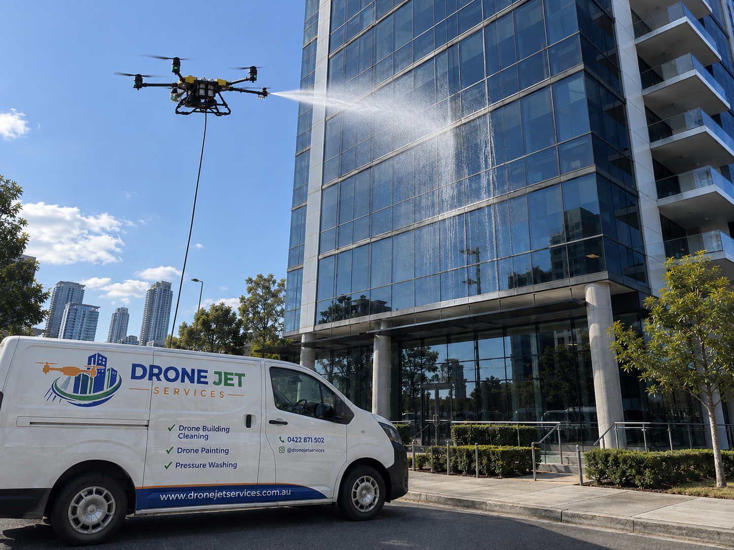 Drone building cleaning by Drone Jet Services on a commercial high-rise property with professional cleaning equipment and service vehicle.