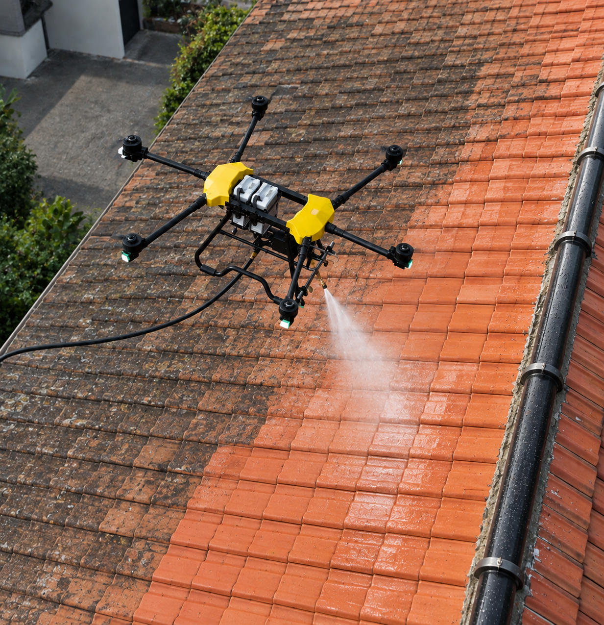 Drone roof cleaning by Drone Jet Services showing the difference between cleaned and untreated roof tiles.