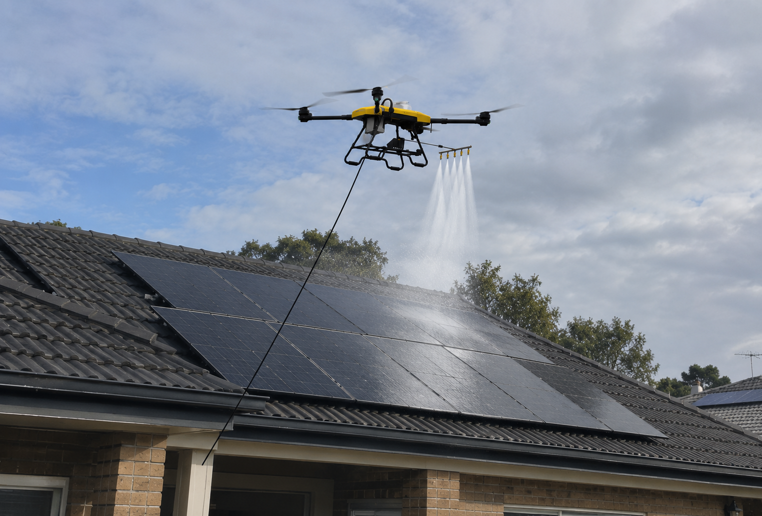 Solar panel cleaning by Drone Jet Services using drone technology on residential rooftop solar panels.