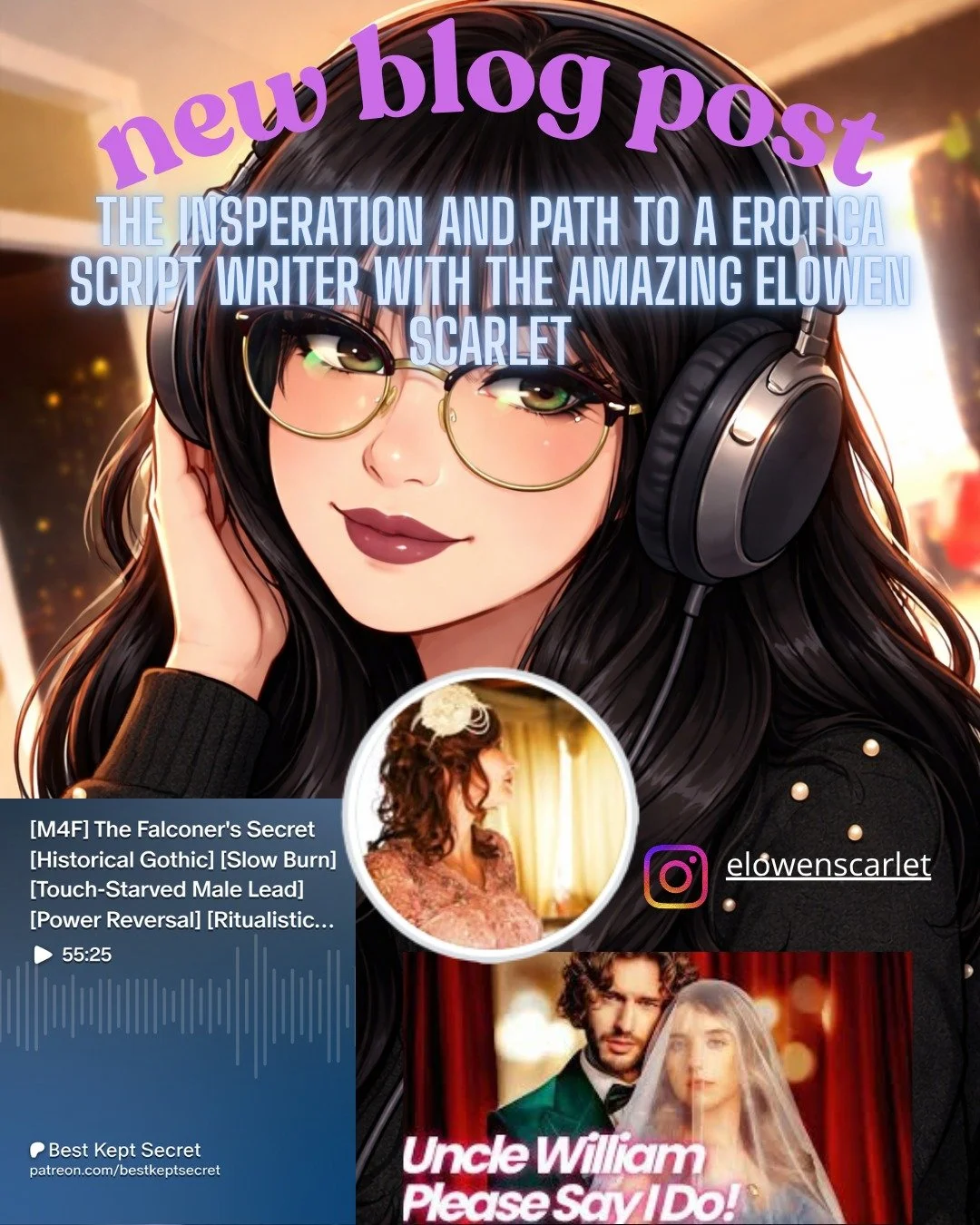 i had the honor to do a blog post with the amazing @elowenscarlet to talk about her journey into script writing and all the amazing projects she has done ❤️
https://www.kayleighlistens.nl/blog/the-inspiration-and-path-to-an-erotica-script-writer-with
