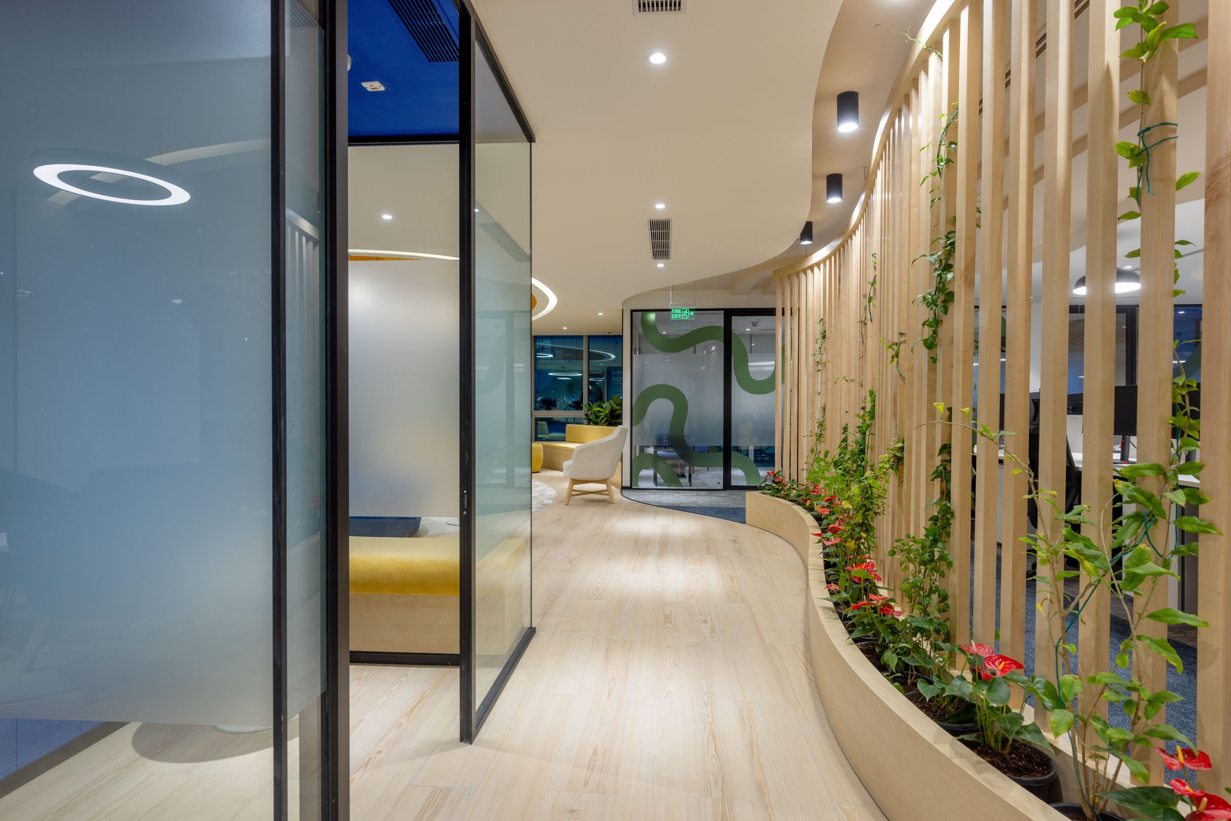 Commercial interior photography showcasing a modern office corridor, highlighting biophilic workspace design, glass office partitions, and architectural wood accents