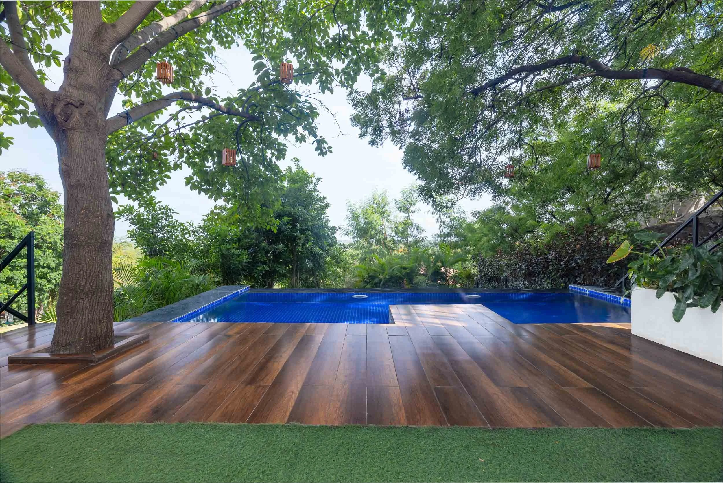 xterior daytime photography of a luxury staycation in Hyderabad, featuring a wooden deck leading to a private blue plunge pool surrounded by lush green trees