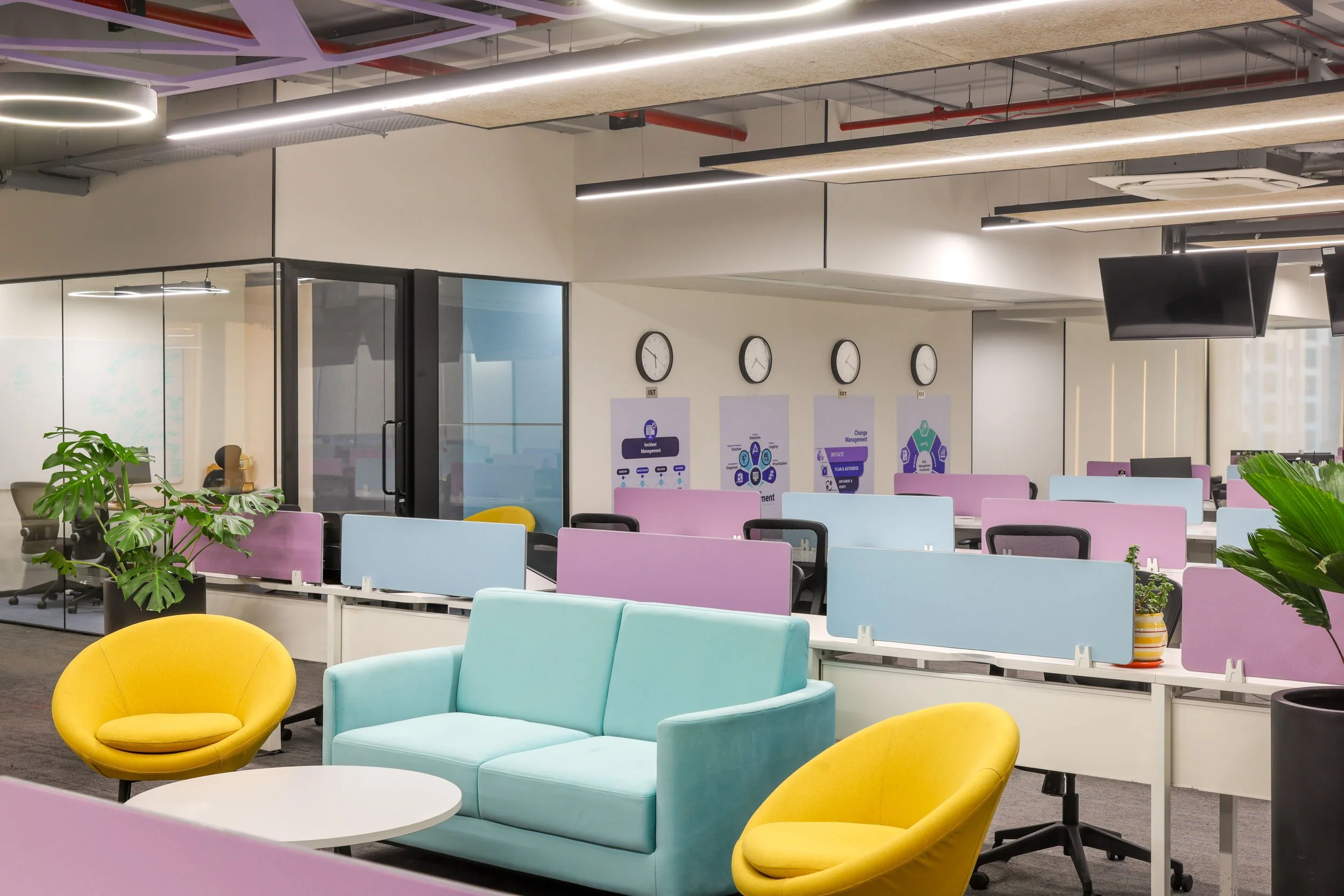 Commercial interior photography showcasing a large open-plan corporate workspace, highlighting modern desk arrangements, ergonomic seating, and industrial ceiling design