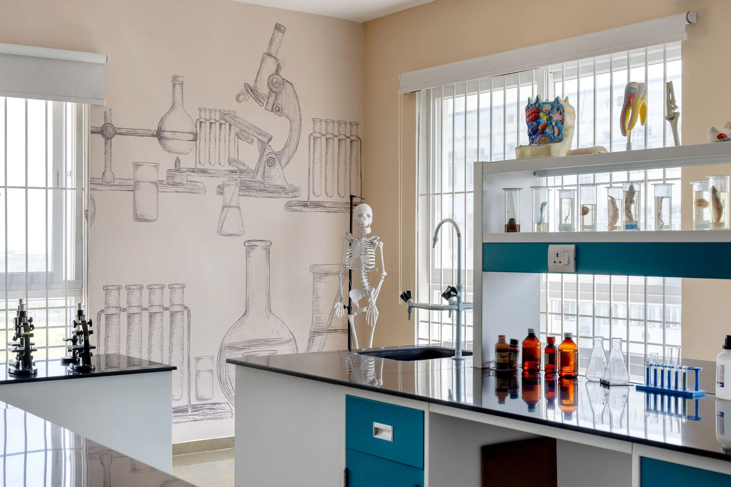 A bright, empty school science lab featuring a black countertop lined with beakers and chemical bottles, a white sink, and a wall decorated with large scientific sketches.