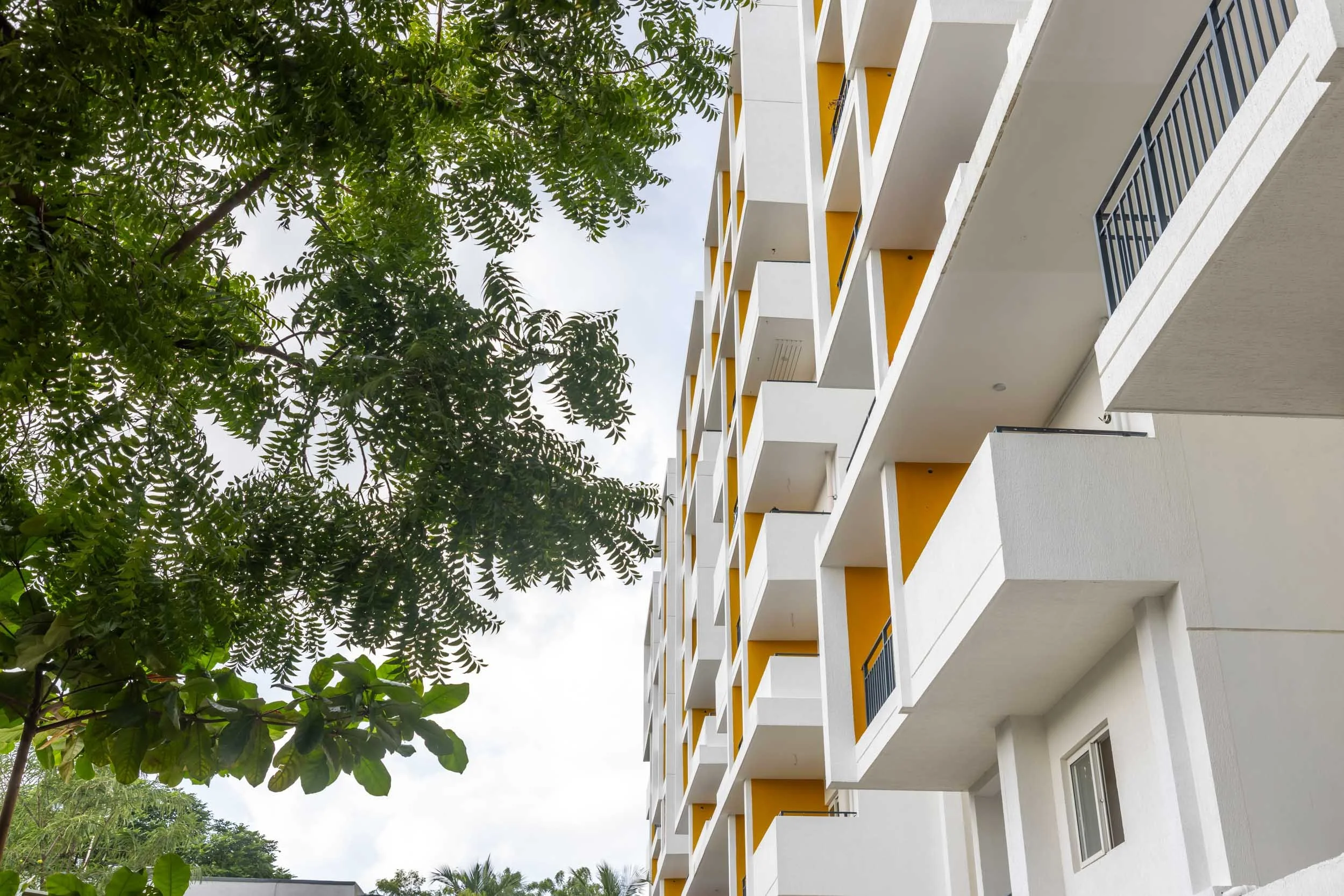 Exterior real estate photography capturing a low-angle view of modern apartment balconies, highlighting architectural details and integrated natural greenery