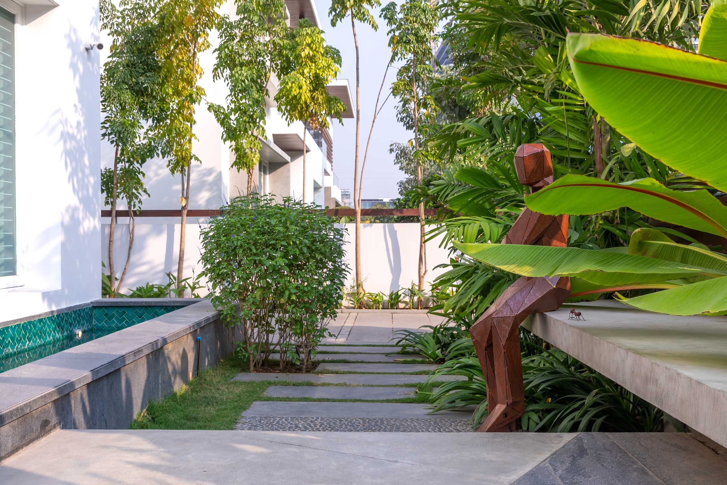 Modern residential landscape design featuring a narrow lap pool, geometric concrete pathways, lush tropical plants, and a unique seated sculptur