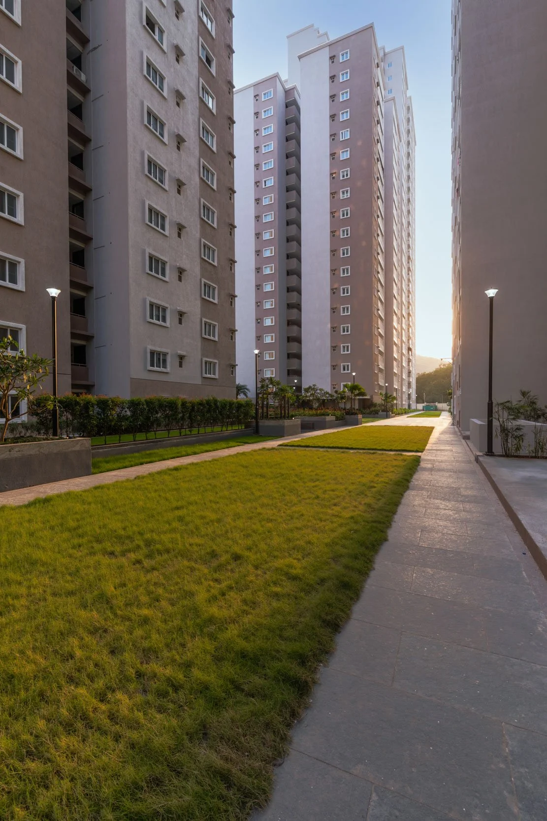 Residential real estate photography capturing a tranquil green space and walking path alongside modern high-rise apartments in warm afternoon ligh
