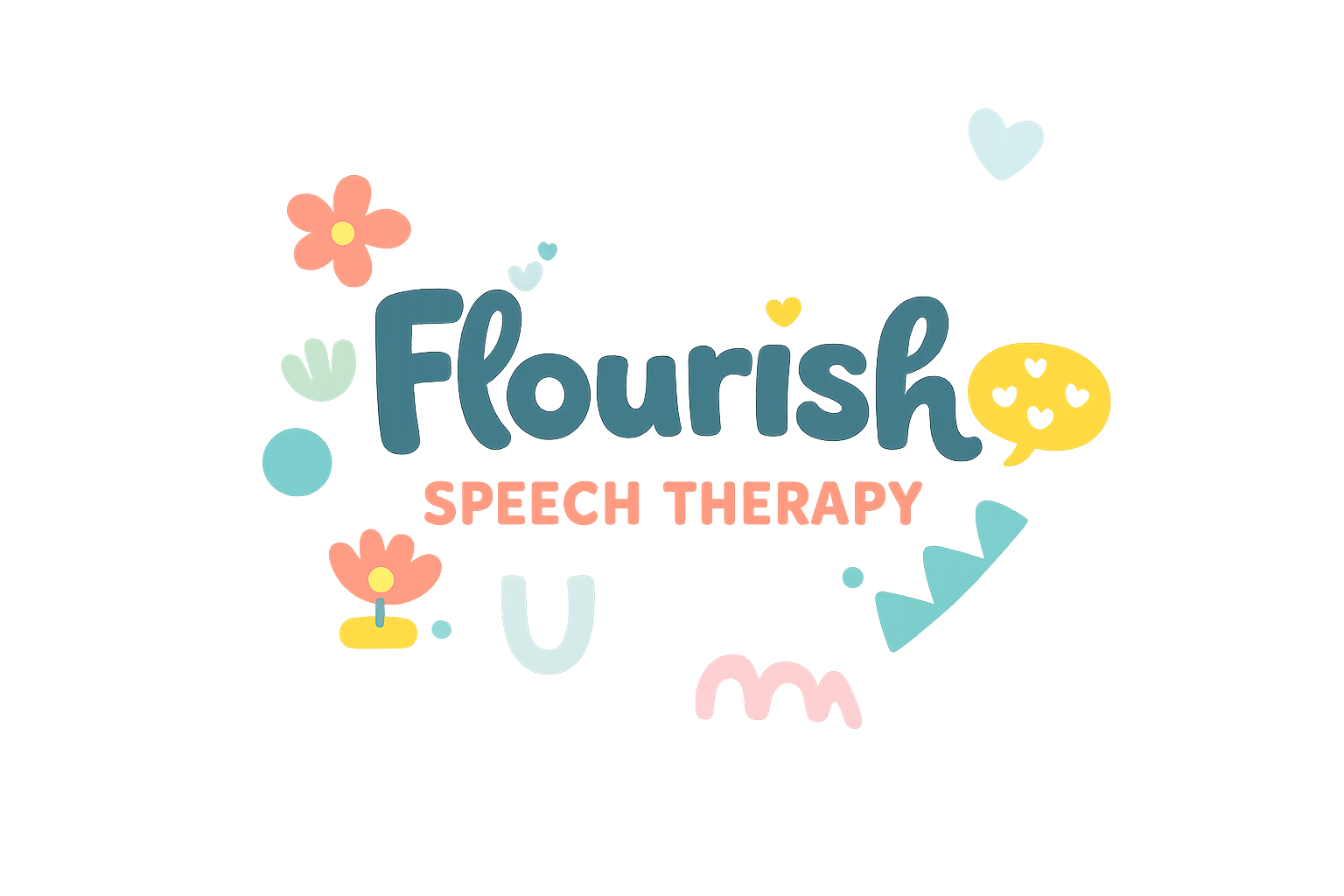 Colorful graphic with the text 'Flourish Speech Therapy' surrounded by pastel-colored hearts, flowers, and speech bubbles.