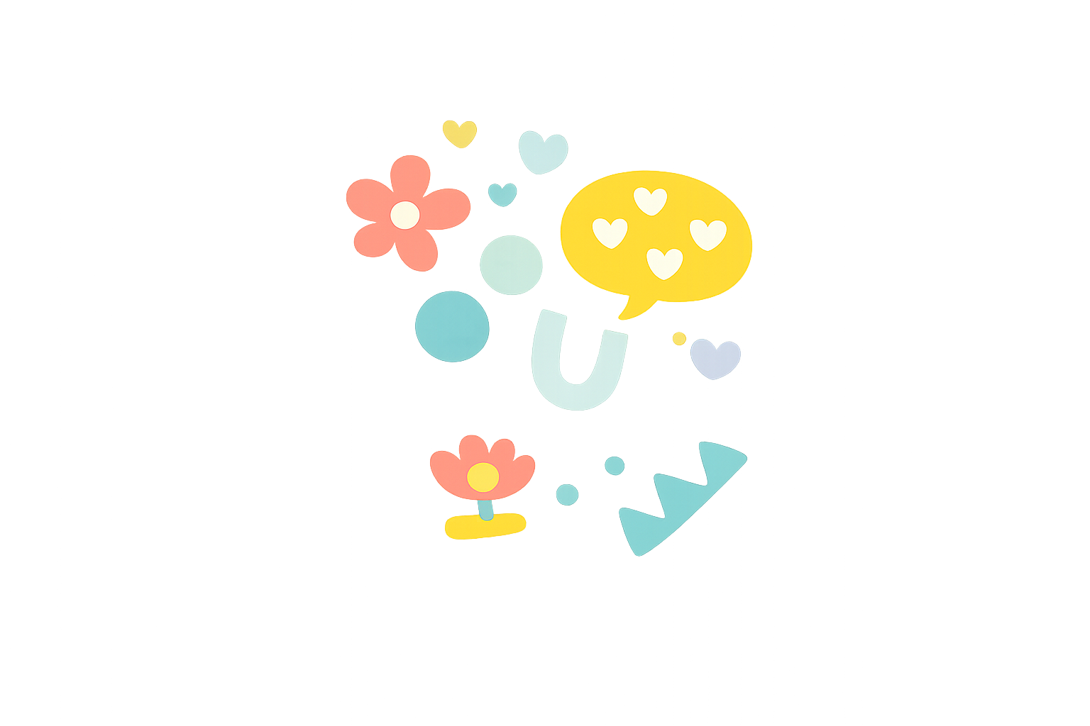 Colorful digital illustration of a light blue cactus with a pink flower on top, surrounded by floating hearts, speech bubbles, and other decorative shapes.