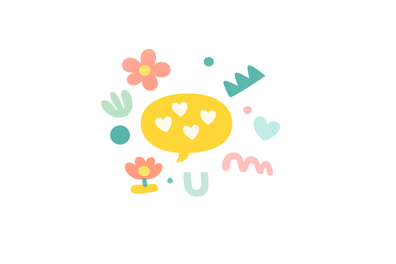 Colorful abstract illustration with flowers, hearts, leaves, and speech bubbles in pastel shades of pink, blue, green, yellow, and red.