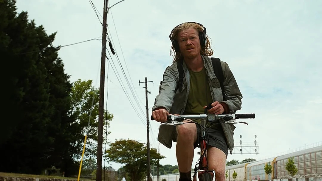 A man riding a bicycle on a street with trees and power lines in the background.