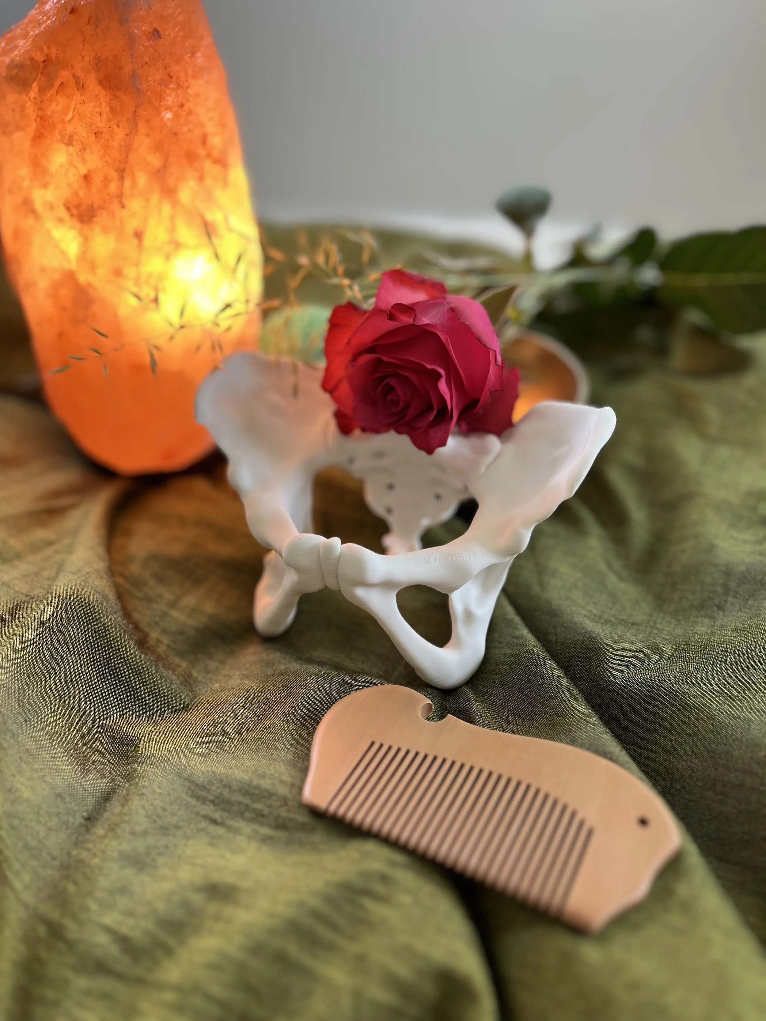 Utensilien einer professionellen Doula Online Ausbildung mit weiblichem Becken und einer Salzkristall-Lampe.