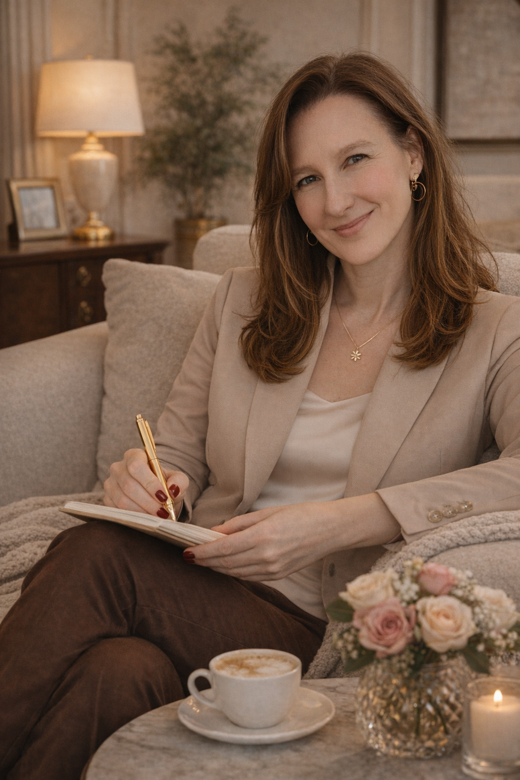A woman with brown hair, wearing a beige blazer and gold jewelry, sitting on a sofa, smiling, and taking notes with a gold pen. There is a cup of coffee, a bouquet of flowers, and a lit candle on a table in front of her.