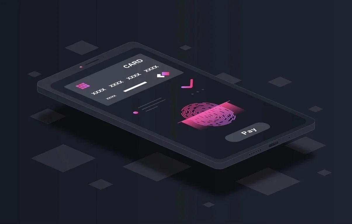 A digital illustration of a smartphone displaying a digital payment screen with a fingerprint scan and a 'Pay' button, set against a dark background with floating grid squares.