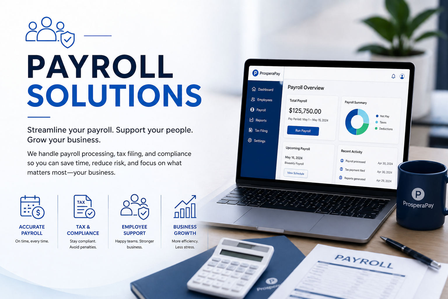 Poster advertising payroll solutions, showing a laptop with payroll software, a payroll document, calculator, pen, and mug on a desk.