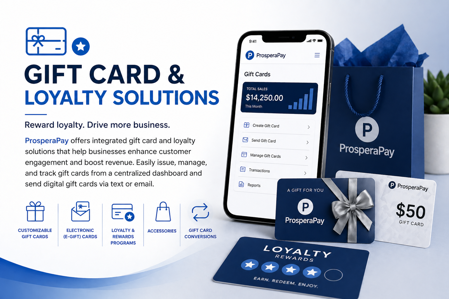 Promotional display for Prosperapay gift card and loyalty solutions, including a smartphone showing the Prosperapay app, a $50 gift card with silver ribbon, a loyalty rewards card, and a blue shopping bag with Prosperapay logo.