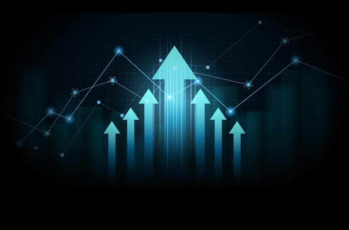 Blue upward arrows with line graph and data points on a digital dark background, representing growth or progress.