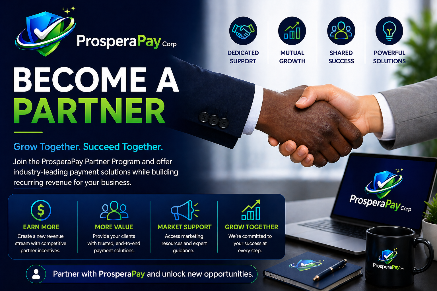 A promotional image for ProsperPay Corp featuring two people shaking hands, with a laptop and branded items on a desk. The image promotes becoming a ProsperPay partner with keywords and icons highlighting support, growth, success, and solutions.