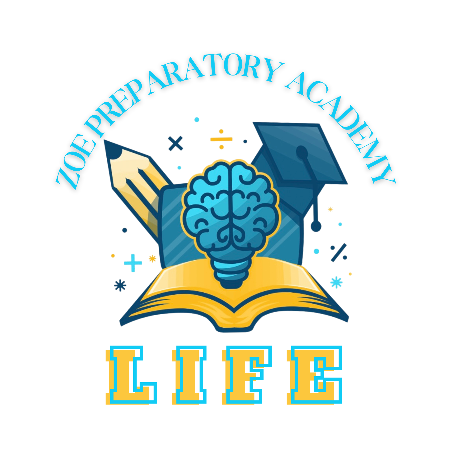 A logo for Zoe Preparatory Academy, featuring a lightbulb with a brain inside, a pencil, a graduation cap, a book, and the word 'LIFE' in colorful block letters.