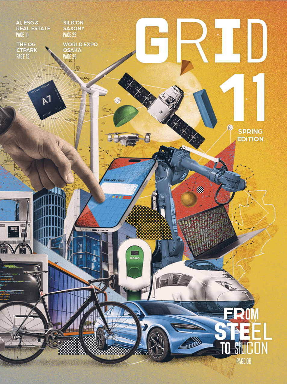 Cover of a magazine titled "Grid 11" with a collage of technology-related images including a hand pointing to a smartphone, a bicycle, a modern car, a robotic arm, a drone, solar panels, a wind turbine, and various tech graphics.