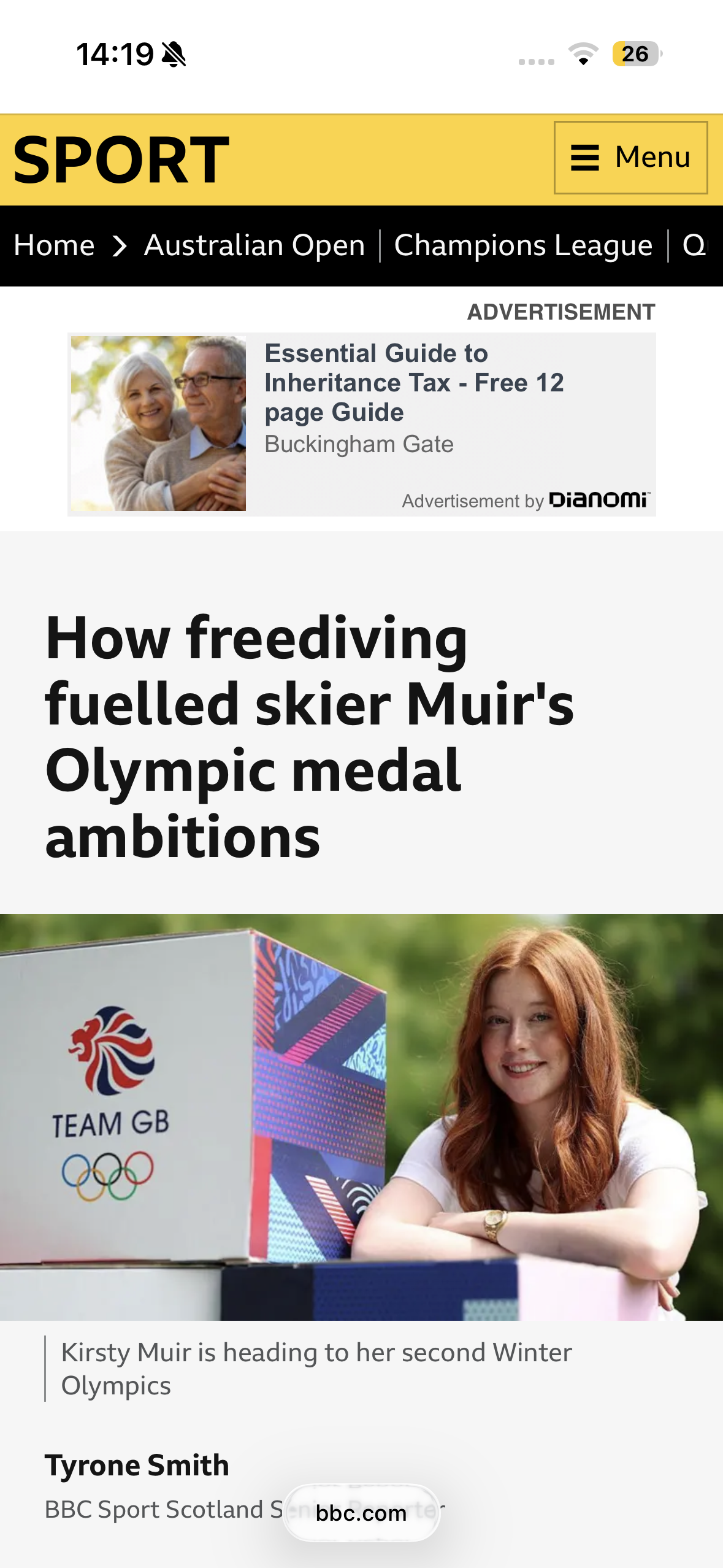 Kirsty Muir leaning on a box with the Team GB logo and Olympic rings, beside a headline about skier Kirsty Muir heading to the Winter Olympics.
