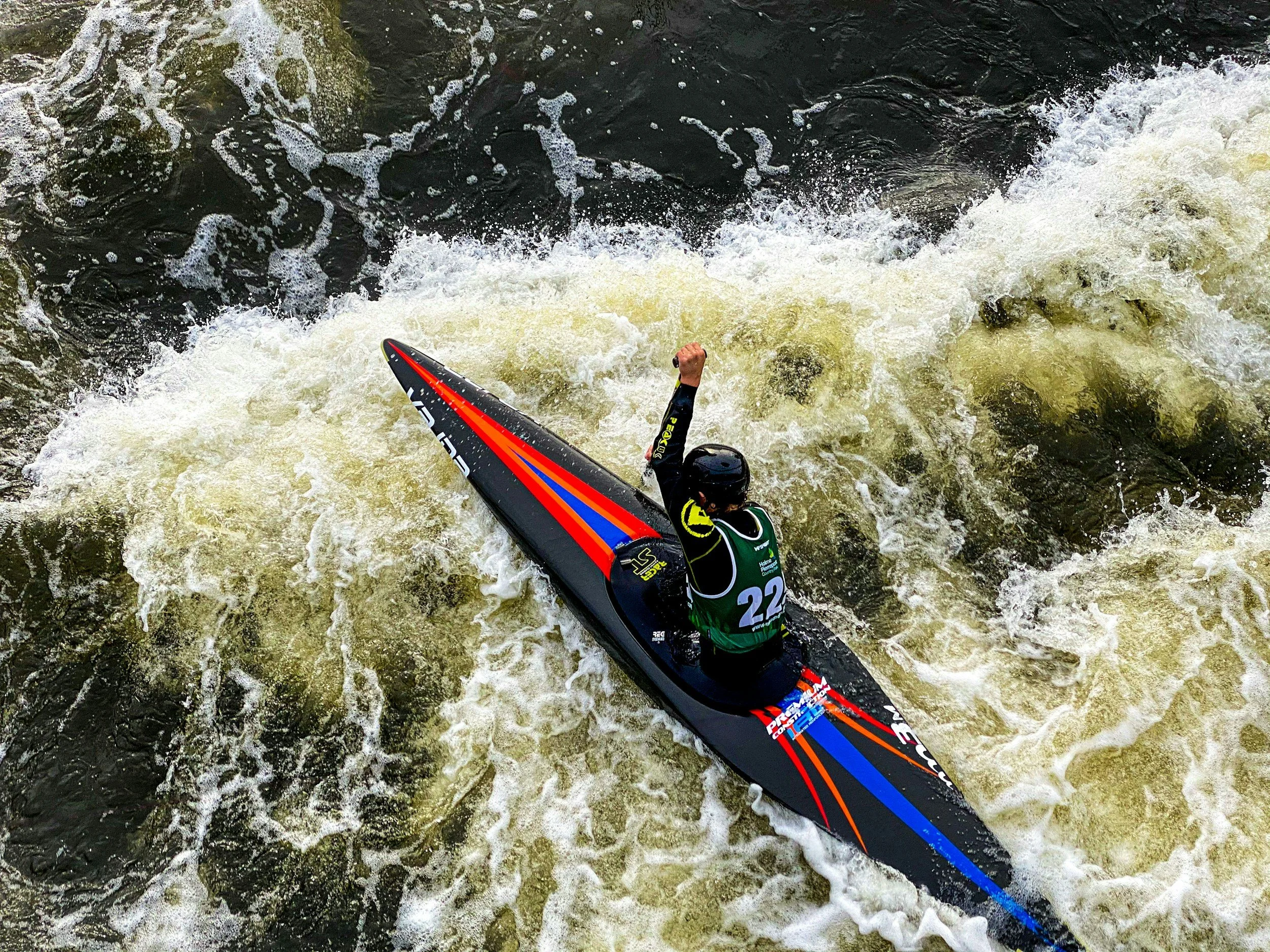 Kayaker navigating white water rapids, high-risk environment requiring real-time decision-making