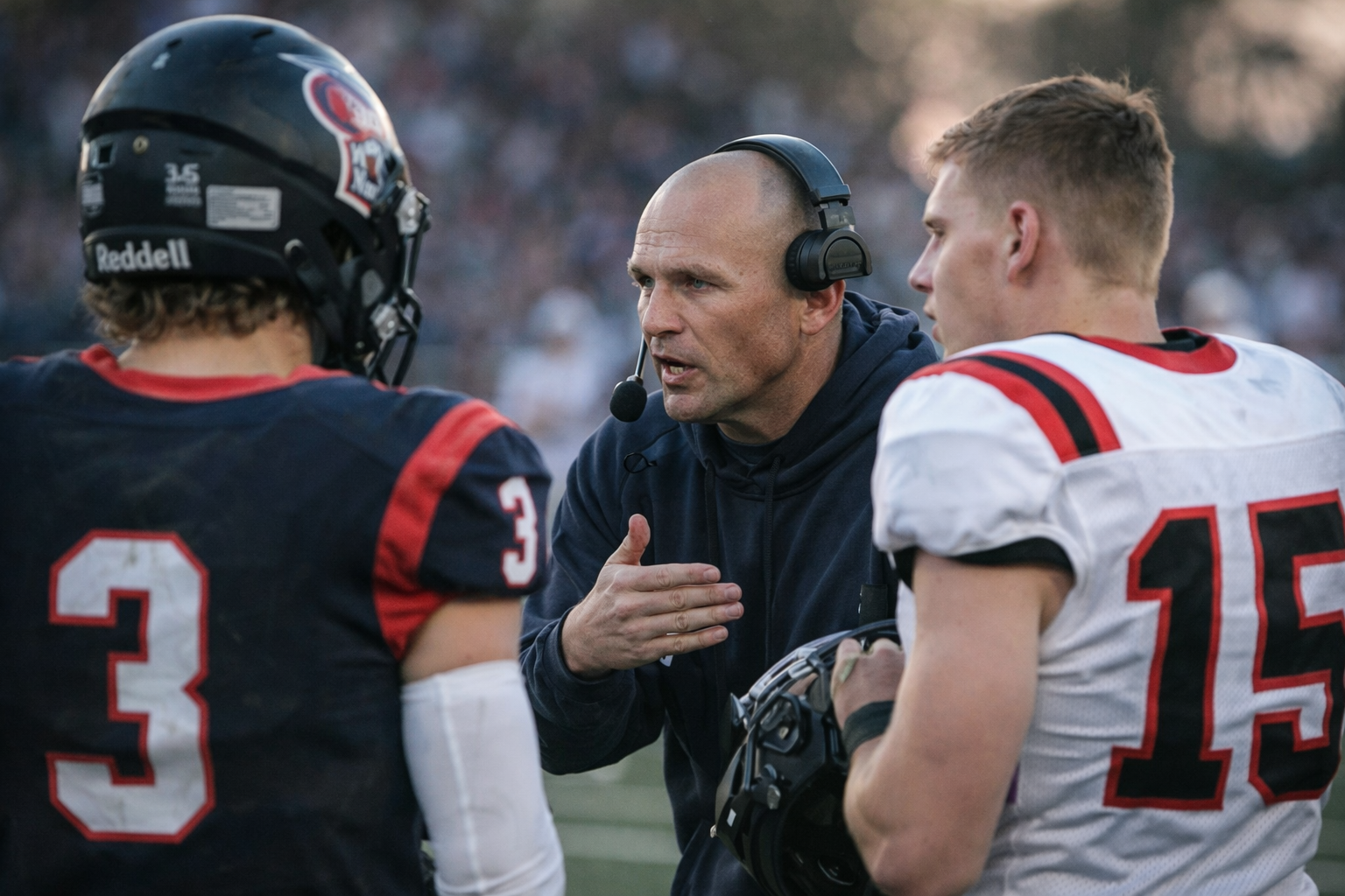 A football coach with a headset talking to two players on the field during a game, with a blurred crowd in the background.