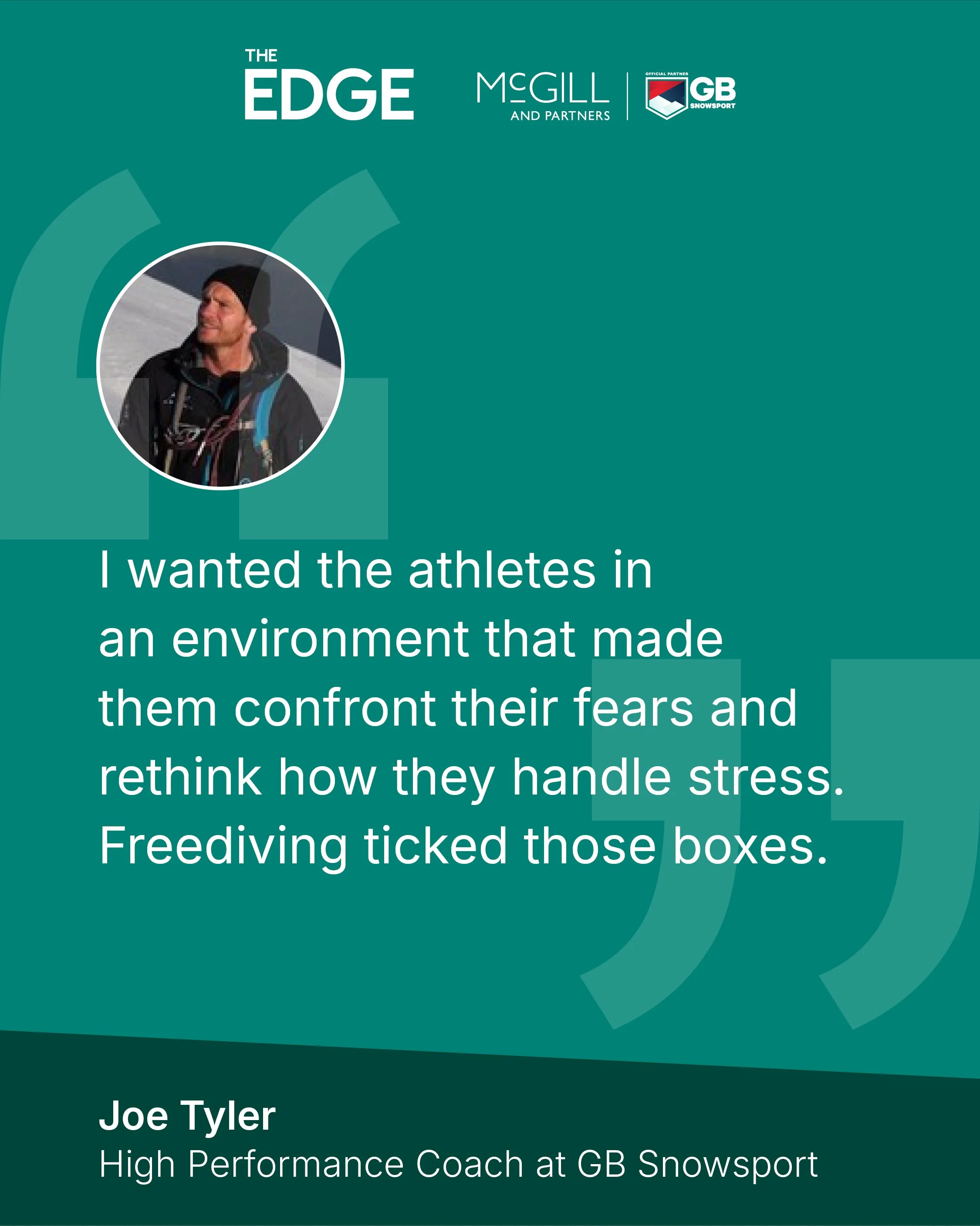 Testimonial quote from Joe Tyler, a high performance coach at GB Snowsport, about creating an environment that helps athletes confront fears and manage stress, with his photo and organizational logos at the top.