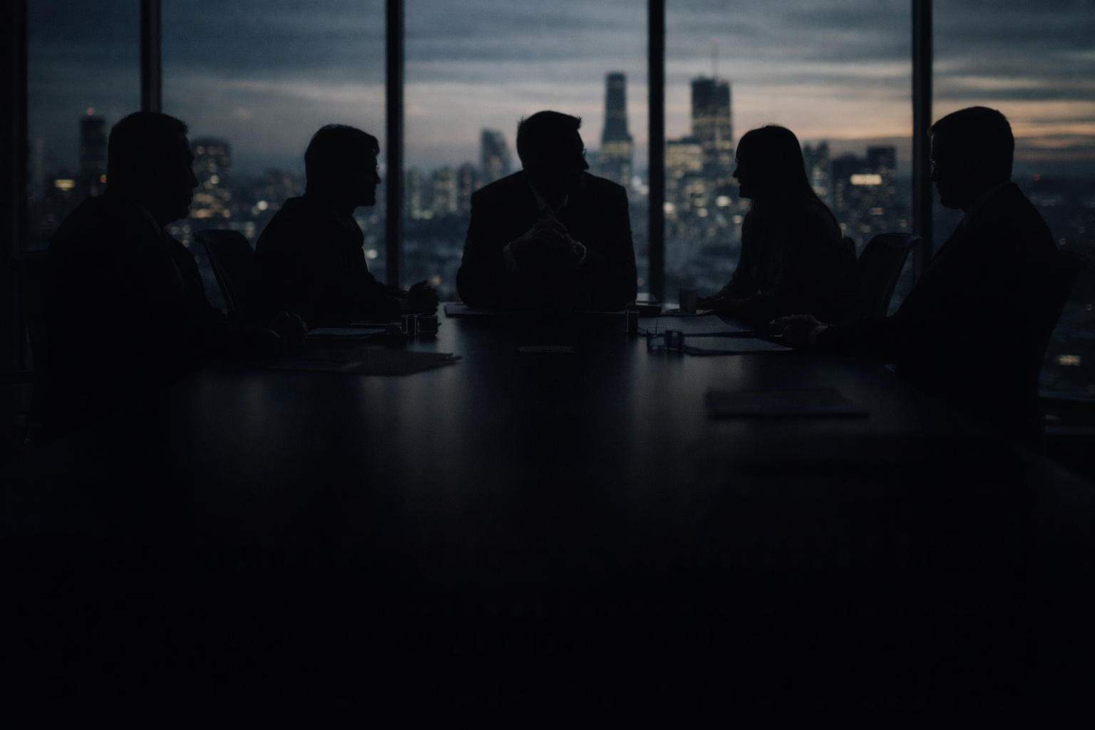 Silhouetted group of five people sitting around a table in a high-rise office during dusk, with city skyline visible through large windows.
