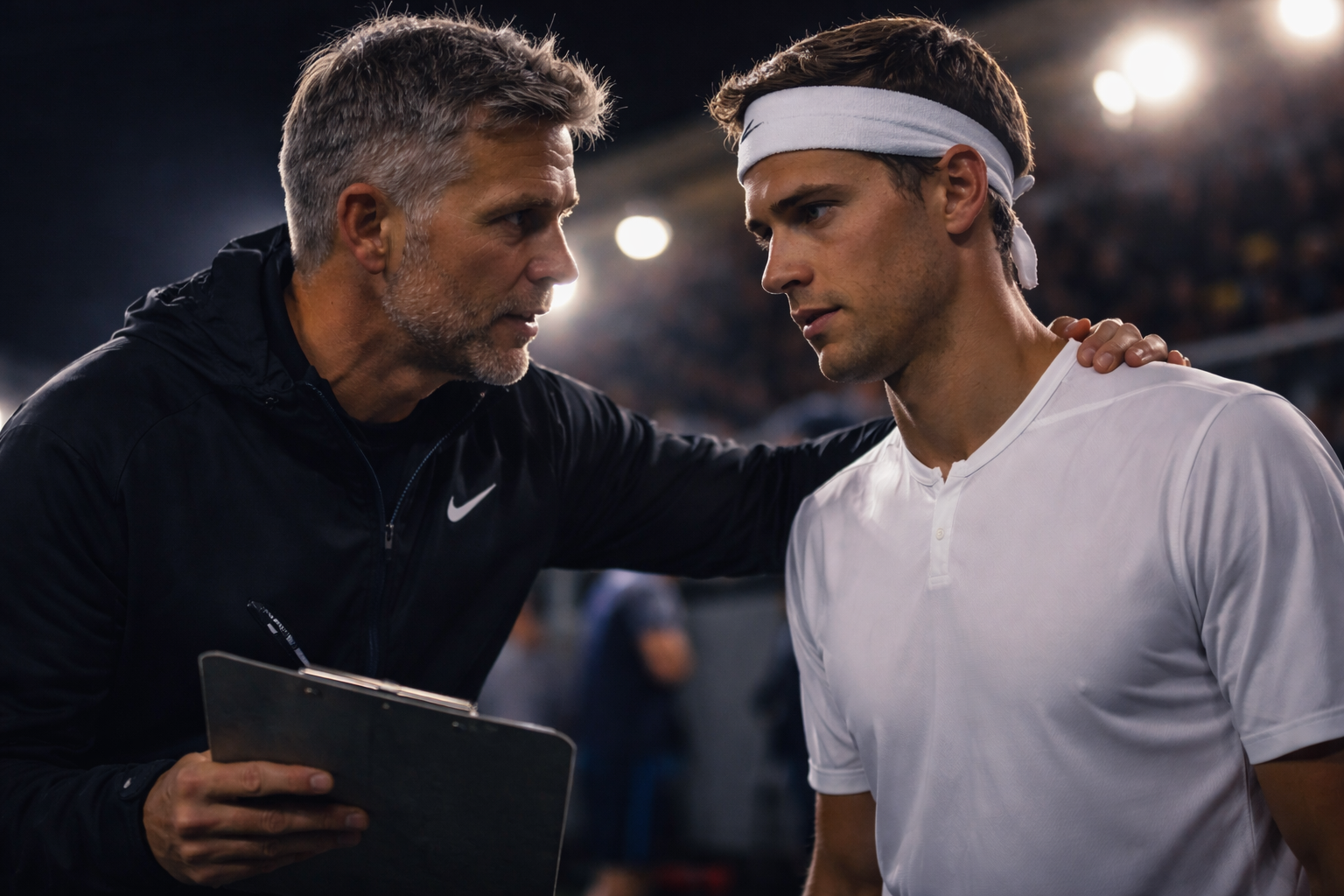 Coach supporting athlete during competition, real-time performance and emotional regulation