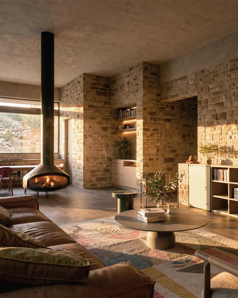 Living room with a leather sofa, a round coffee table, a modern fireplace, brick walls, a large window, and various plants and books.