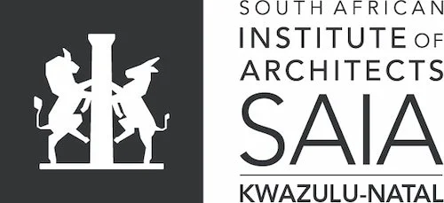 Logo of the Kwazulu-Natal branch of the South African Institute of Architects (SAIA) with black and white design, featuring two abstract human figures holding a vertical structure, and text indicating location in Kwazulu-Natal.