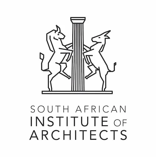 Logo of the South African Institute of Architects (SAIA), featuring two unicorns standing on their hind legs, facing each other with a column between them, and the text "South African Institute of Architects" underneath.