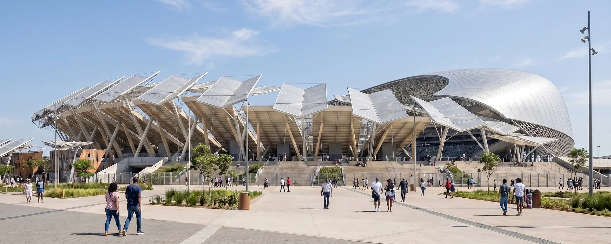 Modern sports stadium with architectural design featuring large, white angular panels on the roof and exterior, with people walking outside on a sunny day.