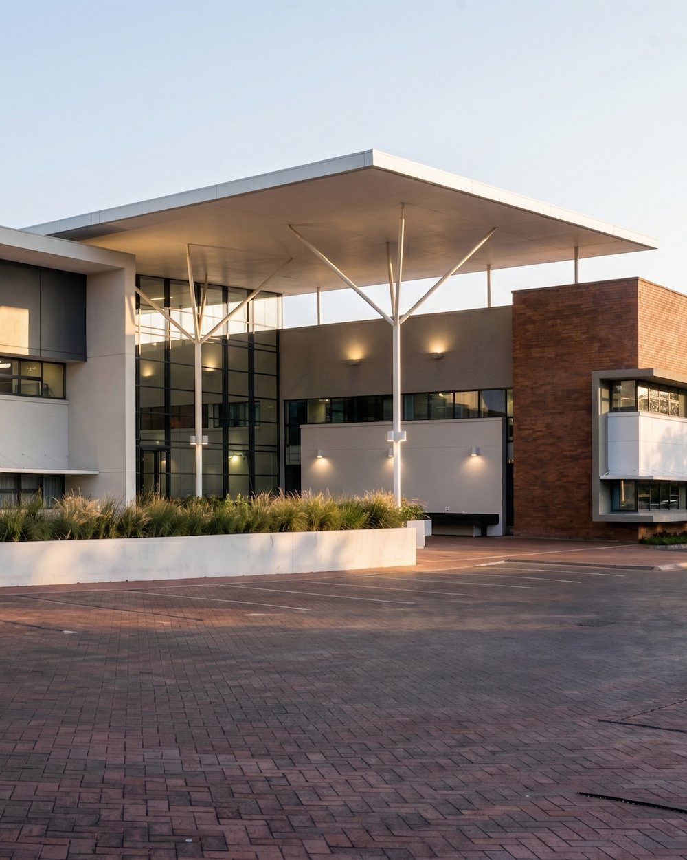 Modern building with large glass windows, white and brick facade, and unique white canopy supported by Y-shaped columns, with an empty parking lot in the foreground.