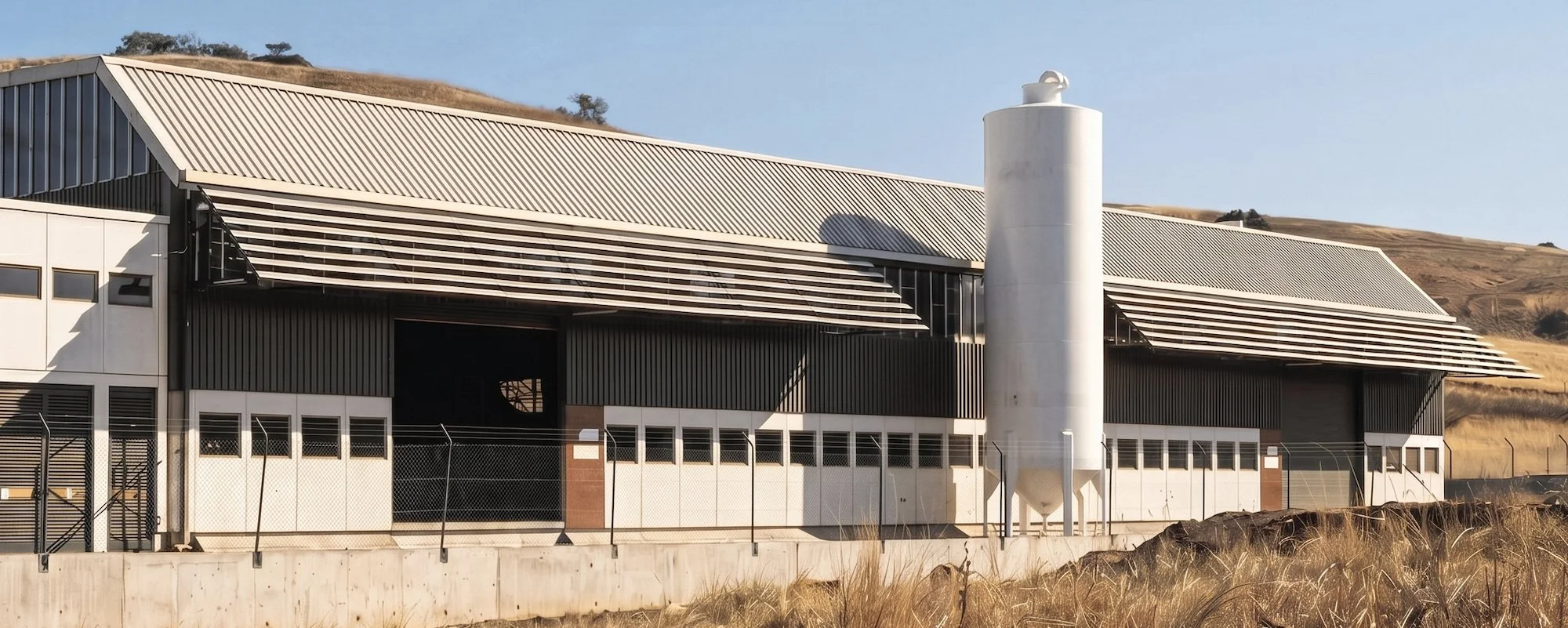 Modern industrial building with metal siding and large vents, surrounded by a chain-link fence, set against a hillside landscape with dry grass and rolling hills in the background.