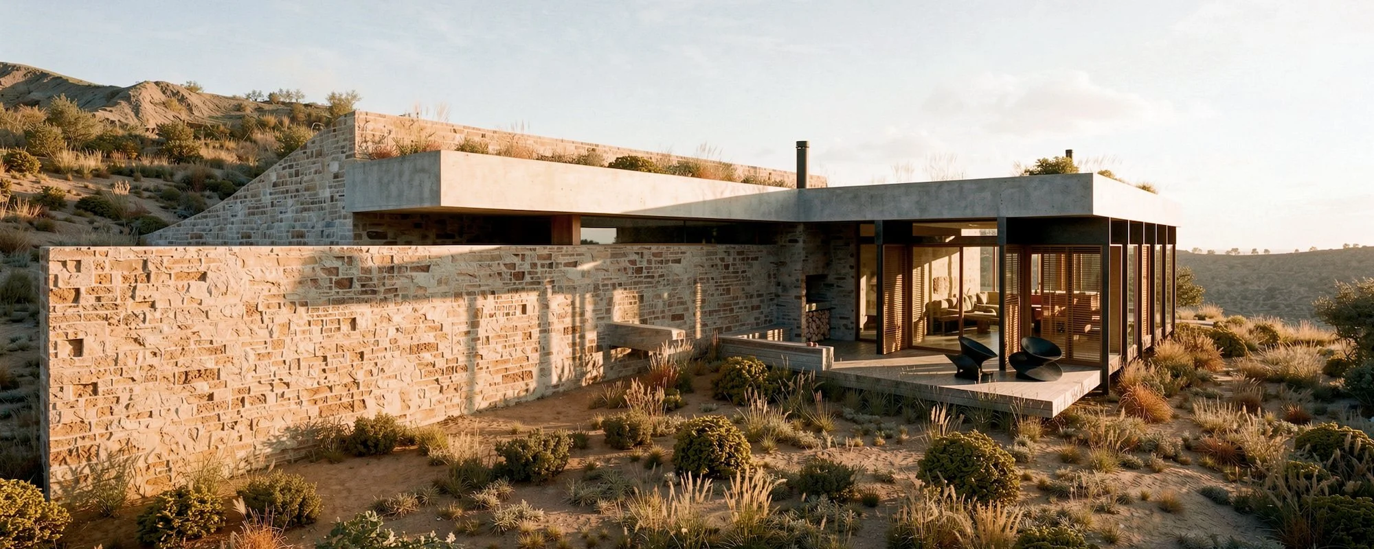 Modern house built into a hill with stone and concrete exterior, large glass windows, and desert landscaping.