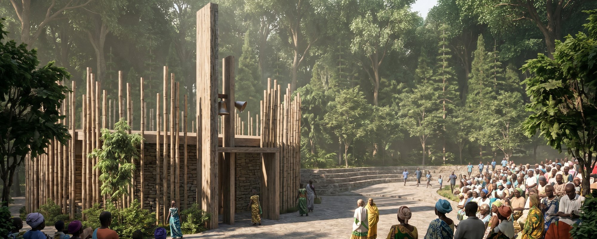 An outdoor amphitheater in a forest with a large crowd seated on tiered steps, a people walking towards the stage, and a wooden structure with tall bamboo poles and a small bell. The scene is surrounded by lush green trees.