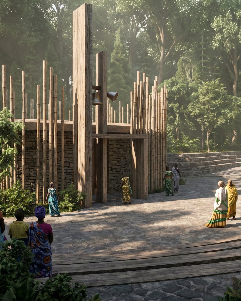 A wooden outdoor stage with decorations made of bamboo, in a lush green forest. Several people dressed in traditional attire are walking around the stage.