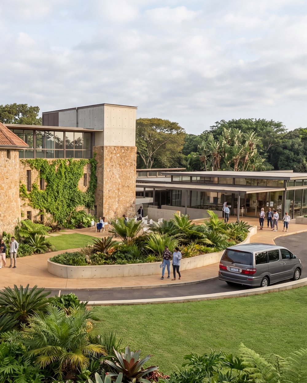 Modern building with stone and glass architecture surrounded by greenery and people walking on a paved pathway, with a black van parked nearby.