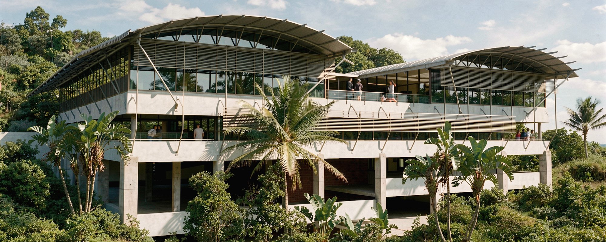 Modern multi-story building with large glass windows and a curved roof, surrounded by lush greenery and palm trees.