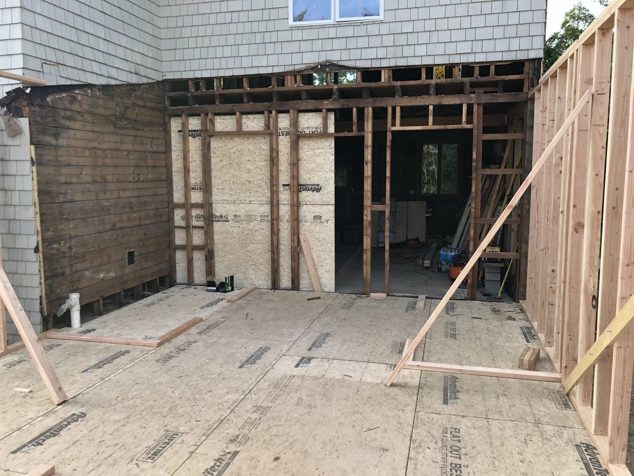Interior framing and sheathing during a residential construction and remodeling project