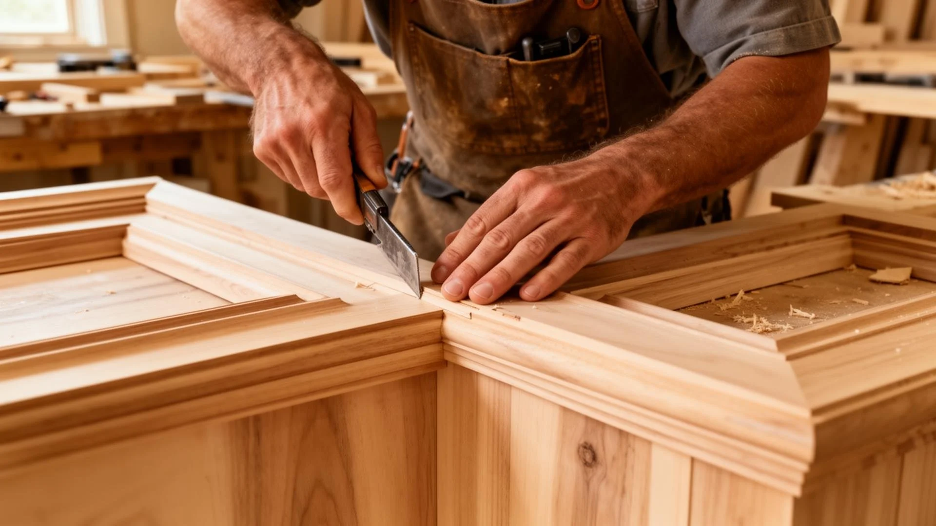 A person cutting a piece of wood with a hand saw on a woodworking project in a workshop.